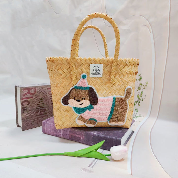 Wholesale Cute Cartoon Rags Woven Bag Imitation Straw Woven Bag Seaside Shoulder Handbag