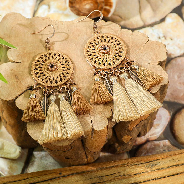 Wholesale Bohemian Dreamcatcher Tassel Earrings and Wooden Pendant Necklace Set
