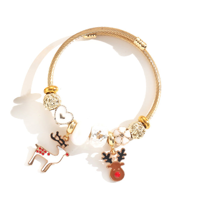 Wholesale Stainless Steel Elk Snowflake Bell Pendant Beaded Bracelet Christmas MOQ≥2