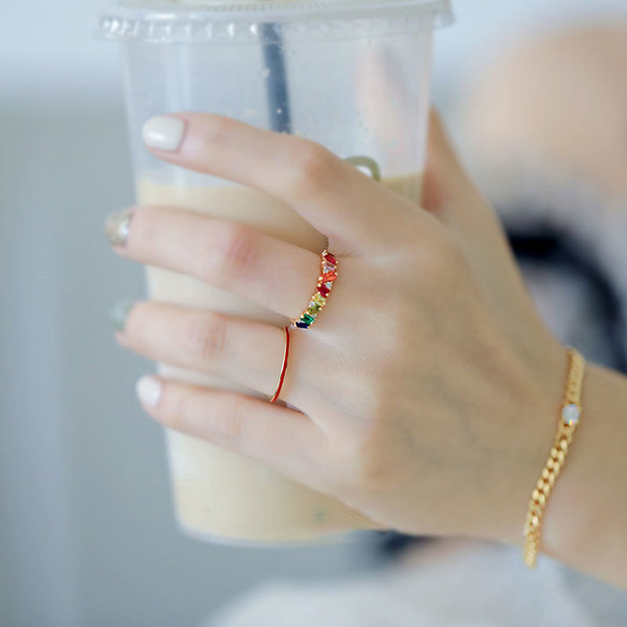 Wholesale Zircon personalized micro inlaid ring, light luxury inlaid fashionable rainbow ring