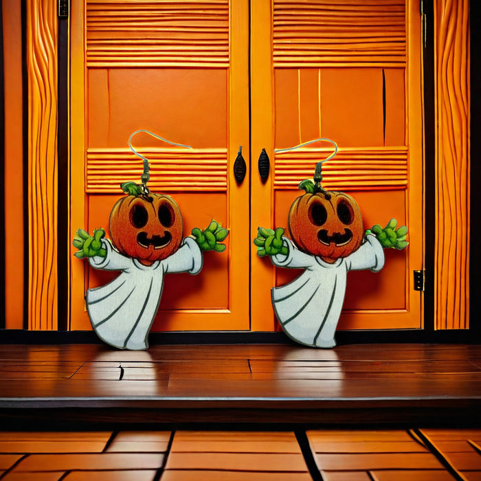 Wholesale Halloween Wooden Pumpkin Ghost Print Earrings JDC-ES-Yinxue002