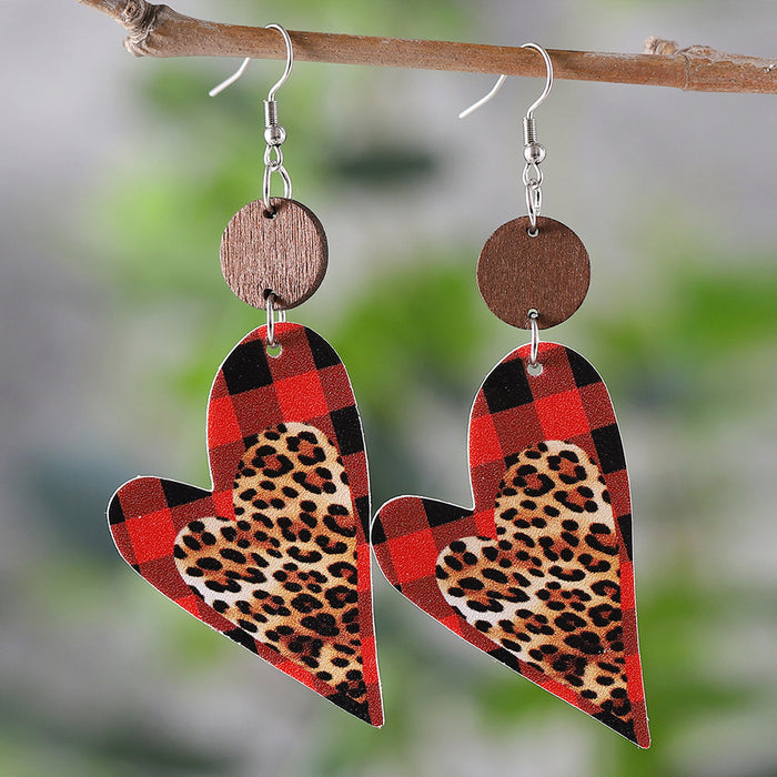 Wholesale  Valentine' s Day Plaid Love Pieces ing Pendant Earrings PU Leather Wooden ing Double-sided Earrings