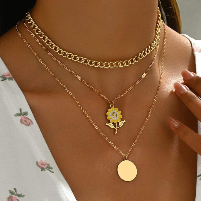 Wholesale Sunflower round pendant, three-layer necklace, women's niche, versatile, high-end, collarbone chain necklace