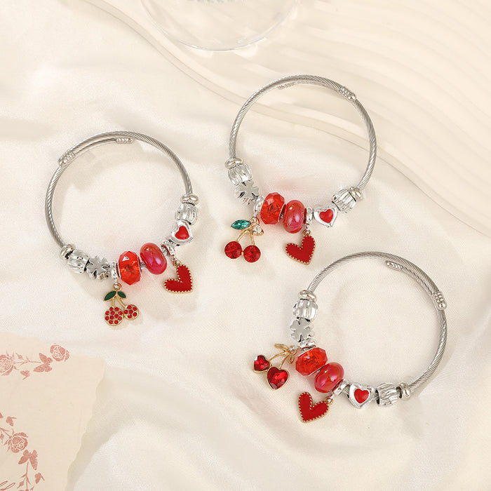 Wholesale Sweet Cherry Beaded Bracelet Stainless Steel Heart Jewelry MOQ≥2