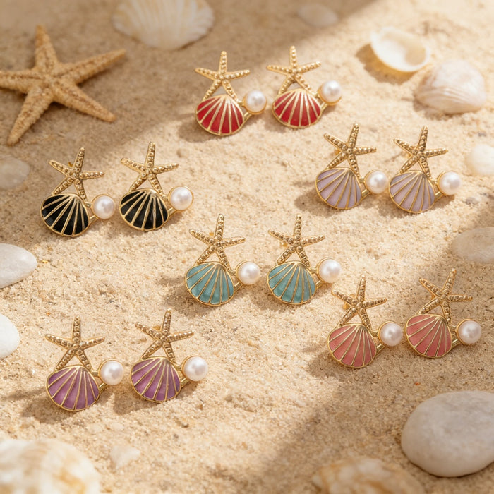 Wholesale Stainless Steel Starfish Shell Pearl Earrings Marine  style Earrings