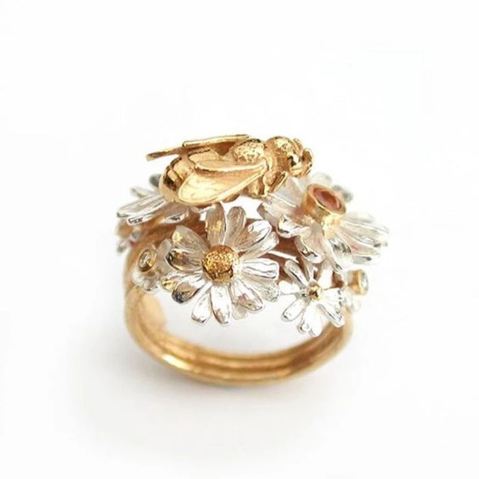 Wholesale New Vintage Creative Bee Honey Picking Flower Golden Leaf Ring