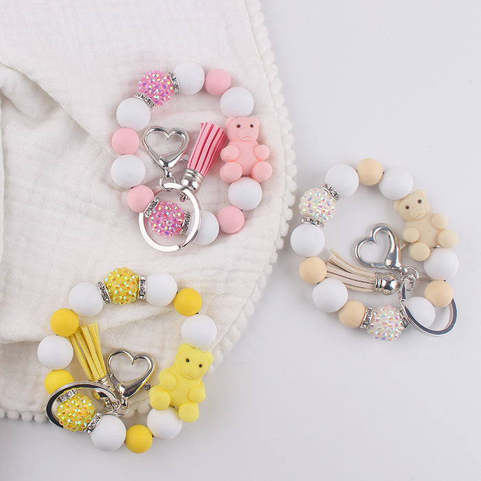 Wholesale Cartoon Silicone Bear Beaded Bracelet Keychain Creative  Wrist Bracelet Key Ring Accessories