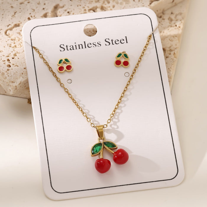 Wholesale Cherry pendant choker necklace stainless steel Earrings set