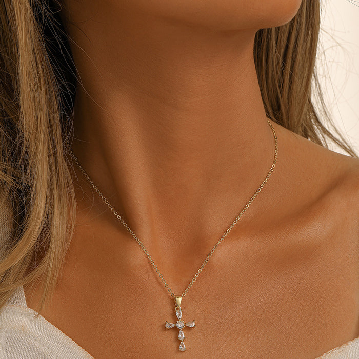 Wholesale Fashionable, trendy, personalized, versatile copper micro inlaid cross, water droplet inlaid diamond necklace accessory