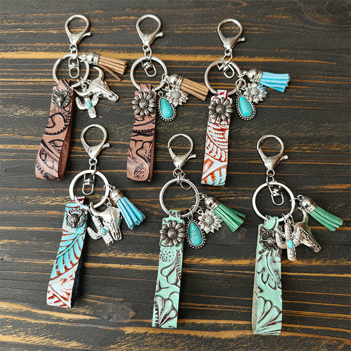 Wholesale Genuine Leather Western Cowboy Retro Keychain Turquoise Pendant Decorative