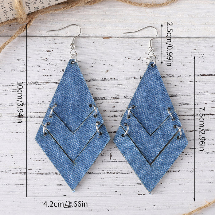 Wholesale Gradient blue denim geometric triple ing earrings Western Bohemian denim leather earrings