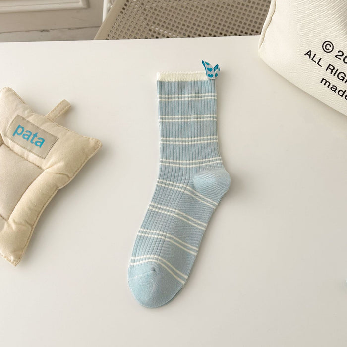 Wholesale Striped mid tube socks with heart-shaped fabric label, double needle long tube stacked socks