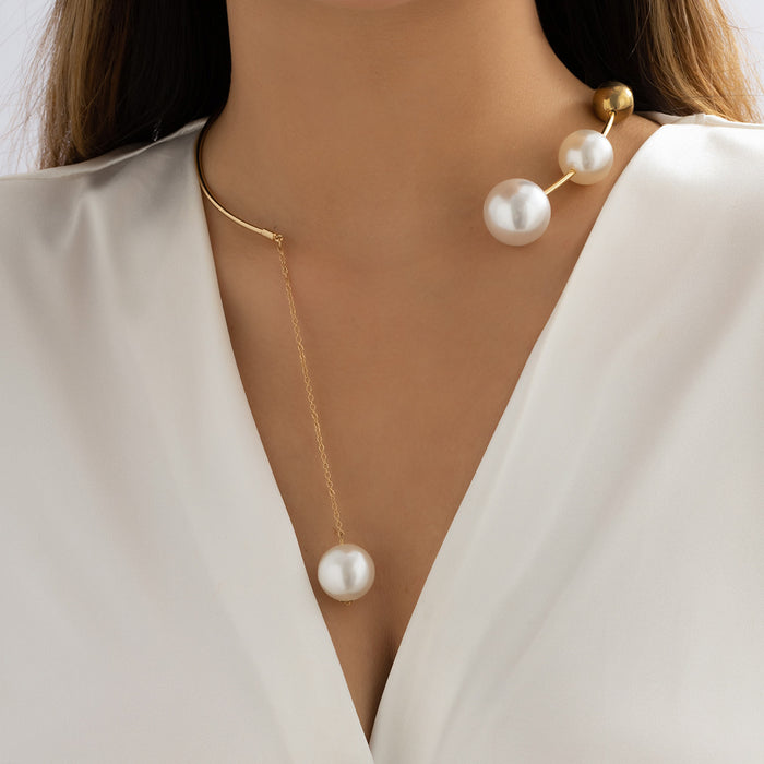 Wholesale Minimally geometric personalized round bead collarbone chain with niche design, open collar imitating pearl necklace