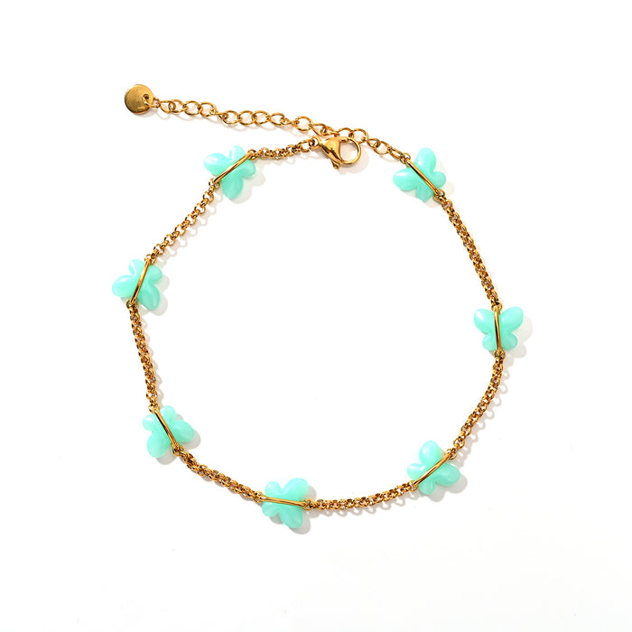 Wholesale Cross border fashion stainless steel snake bone chain, colorful oil dripping butterfly ankle chain