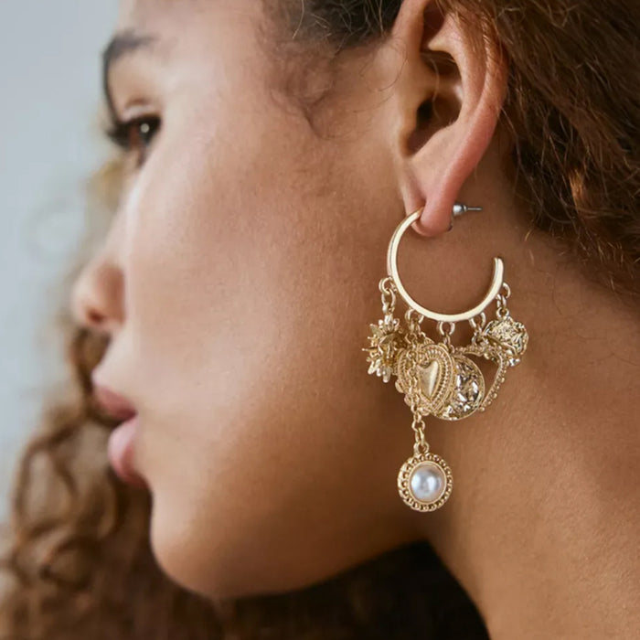 Wholesale New large circle earrings, alloy sun heart accessories, light luxury and high-end pearl tassel earrings