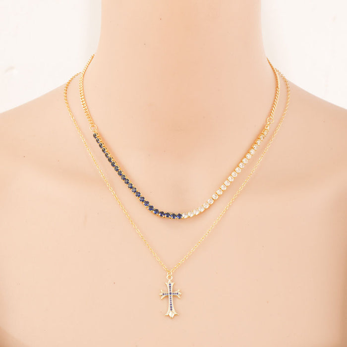 Wholesale Double color fashion versatile double cross pendant necklace exquisite diamond cross pendant chain