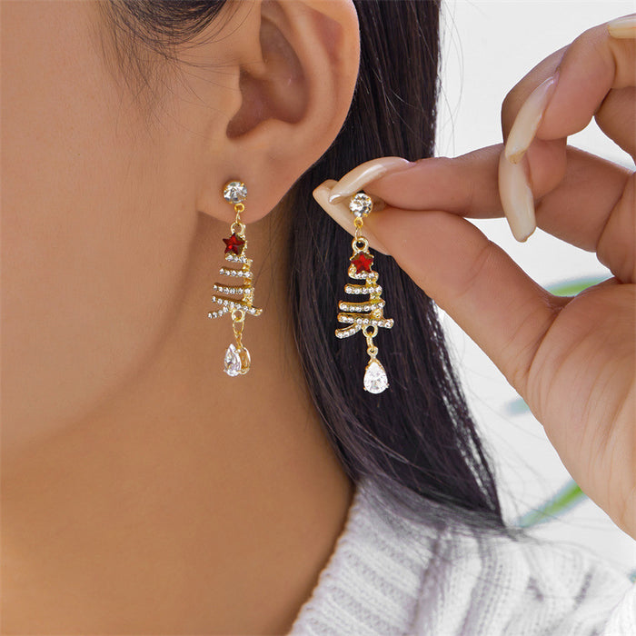 Wholesale Christmas Tree Rhinestone Earrings Gold Alloy Boutique Resale Fashion Accessory