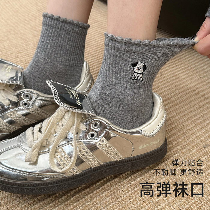 Wholesale Socks Children's Cotton Socks Cartoon Embroidery Lace Middle Sock Pattern Grey Sports Socks