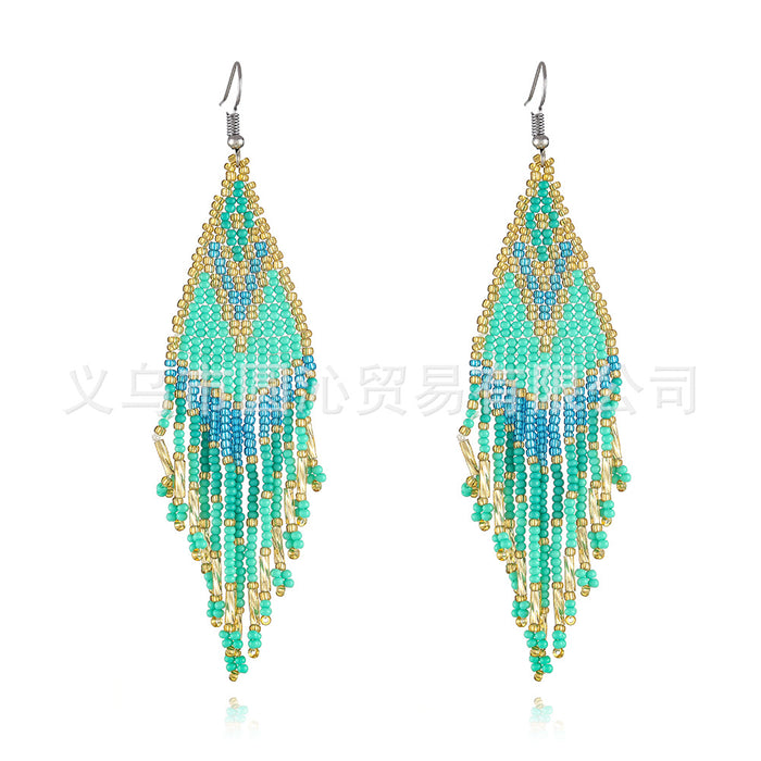 Wholesale color Bohemian rice bead earrings women' s minority ethnic hand-woven long tassel earrings