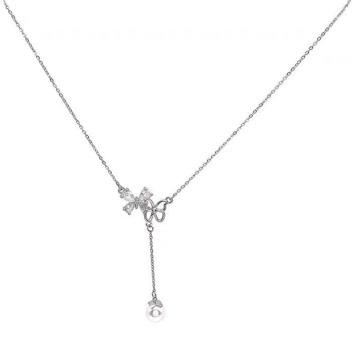 Wholesale Titanium steel micro inlaid jewelry hollow butterfly collarbone chain pearl tassel pendant light luxury accessory