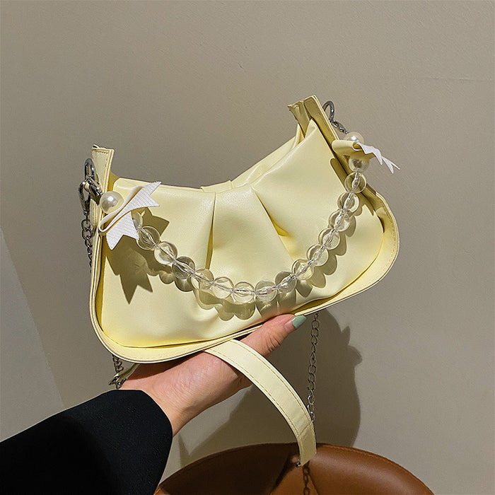 Wholesale Popular pleated new fashion pearl chain shoulder crossbody bag, saddle bag