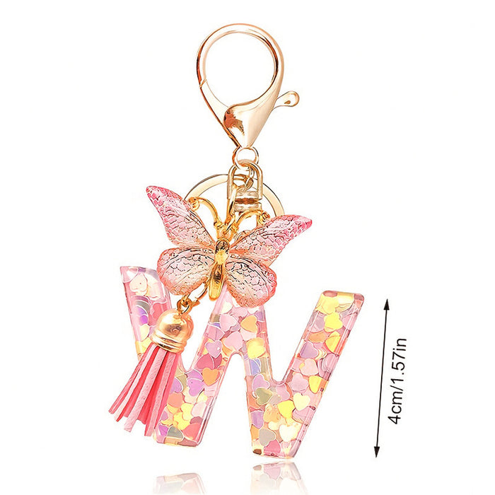 Wholesale Fashion pink letter key chain love sequins butterfly tassel key chain crystal  accessories