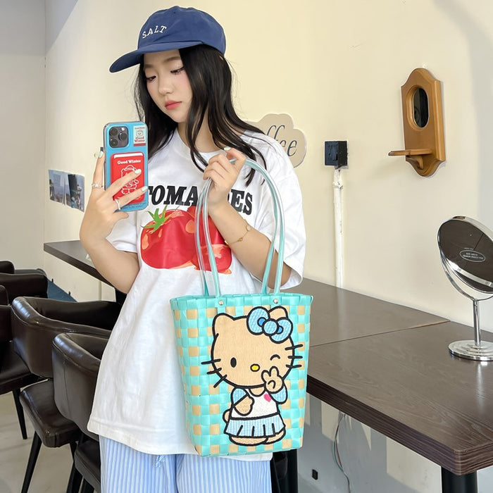 Wholesale Small Fresh Plastic Woven Armpit Bag Kt Cat Plastic Woven Handmade Bag Shopping Versatile Woven Bag DIY Handmade Bag