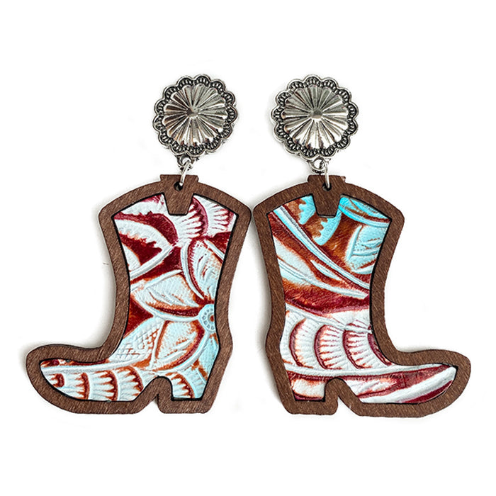 Wholesale Western Denim boots earrings classic leopard leather inlaid wood texture earrings