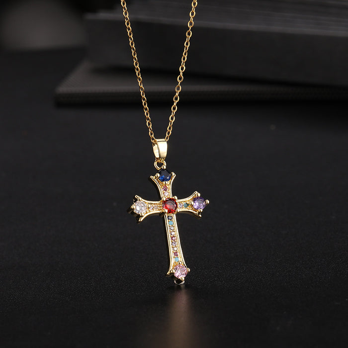 Wholesale Copper Inlaid Zircon Cross Pendant Necklace JDC-NE-ShangY035