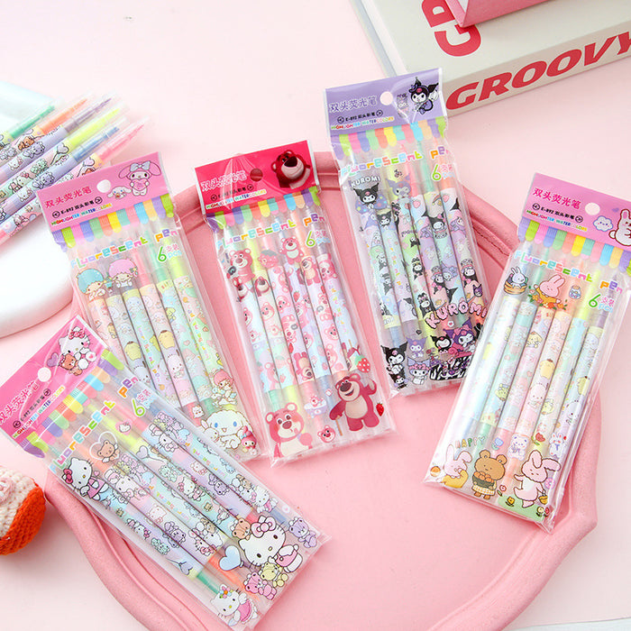 Wholesale 6pcs/ set Cartoon Dual-Tip Highlighter set