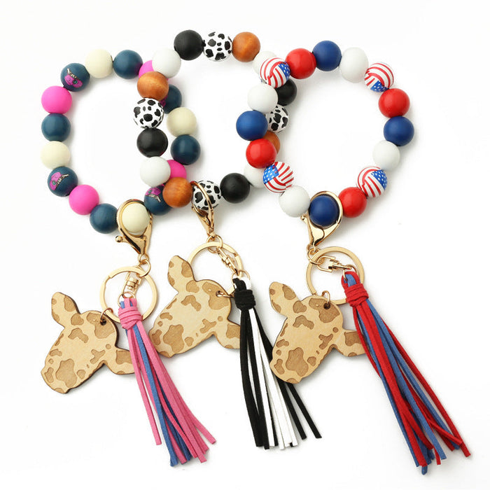 Wholesale Keychains Bull Head Tassel Pendant Western Cowboy Cow Wooden Beads Bracelet JDC-KC-NuoYi022