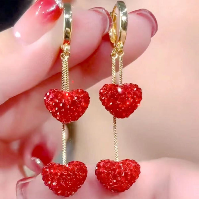 Wholesale Fashionable red heart-shaped long earrings with high-end, simple, versatile and exquisite full diamond earrings