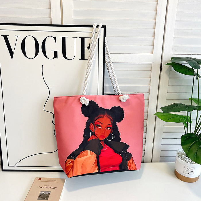 Wholesale Outdoor practical versatile retro canvas bag cartoon print portable beach bag large capacity