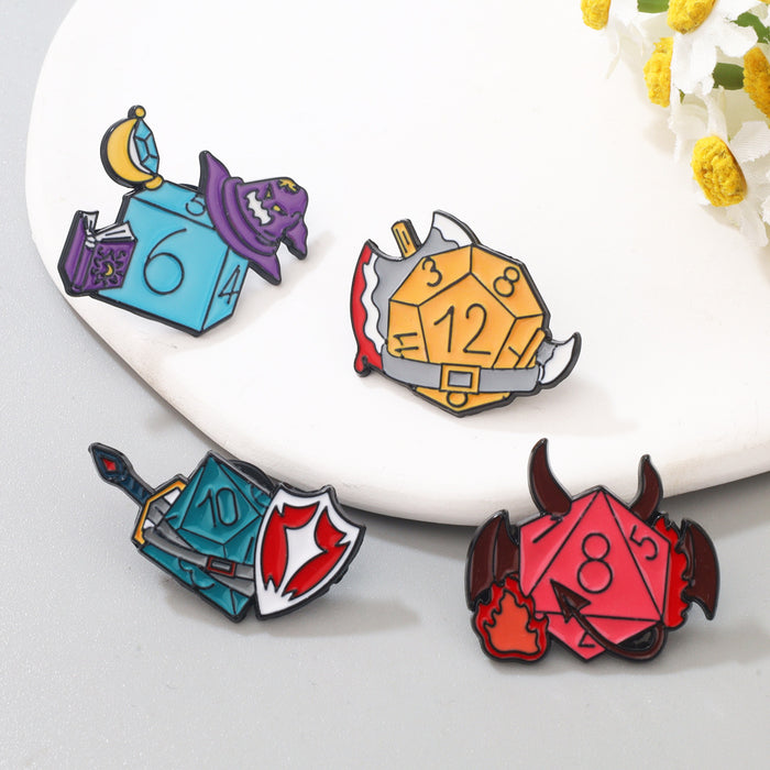 Wholesale Zinc alloy dice brooch twenty sided multi faceted metal badge with numbers