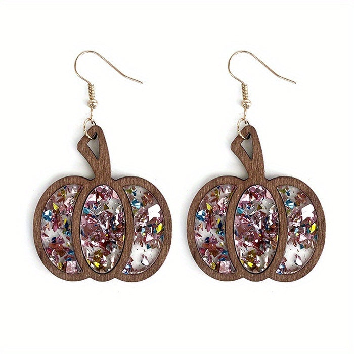 Wholesale Halloween Autumn Pumpkin Wood Inlay Sequin Earrings JDC-ES-XiYin001