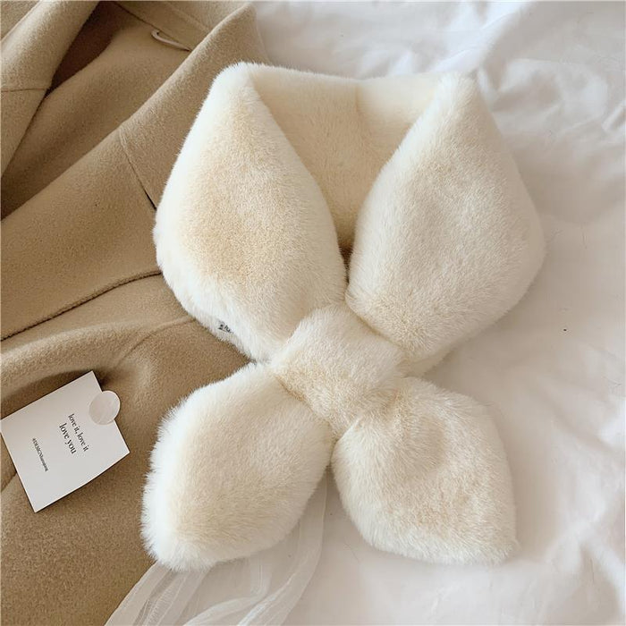 Wholesale Thick Solid Color Hairy Scarf with Pearl Tail Warmth Imitation Otter Rabbit Hair Cross Scarf Plush Neck for Women JDC-SF-GJ002