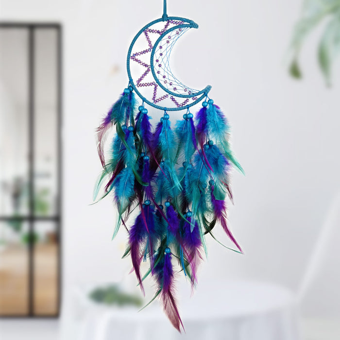 Wholesale Handwoven Iron Feather Dreamcatcher Luna Tribe Blue Purple Moon Design Boho Decorative MOQ≥2