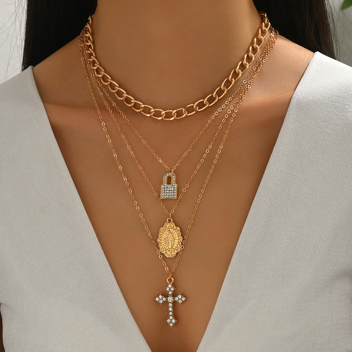 Wholesale Diamond studded cross pendant necklace with temperament, multi-layered collarbone chain
