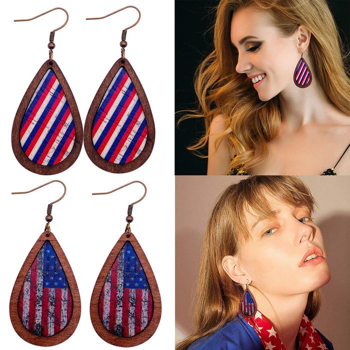 Wholesale Retro Independence Day Leather Earrings American Flag Drop-Shaped Texture Wood Grain Leather Earrings