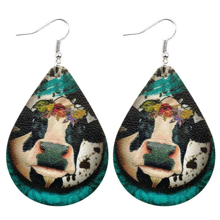 Wholesale Earrings Farm animal cow pattern leather water drop earrings JDC-ES-KDL019