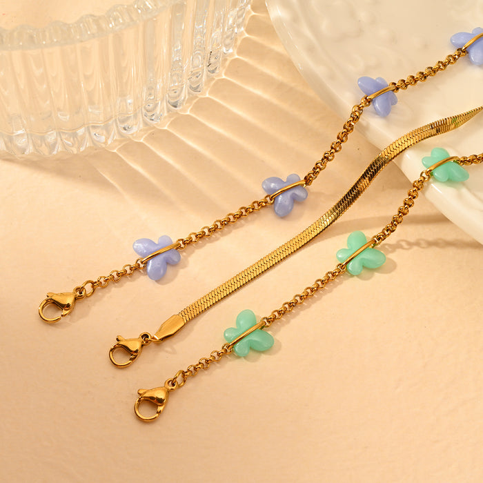 Wholesale Cross border fashion stainless steel snake bone chain, colorful oil dripping butterfly ankle chain