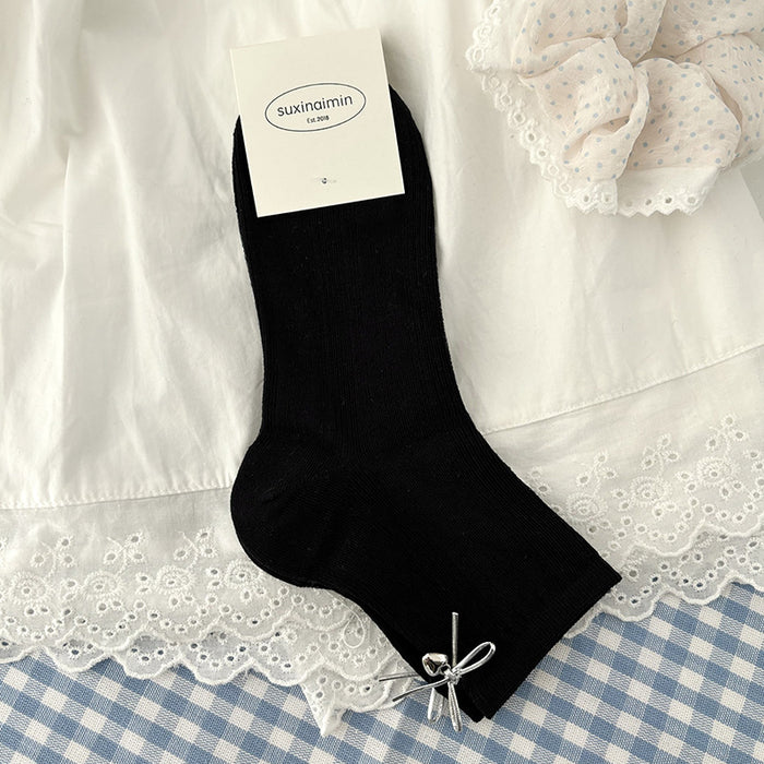 Wholesale Love Silver Wire Bow Middle Socks Breathable Hollow Short Socks