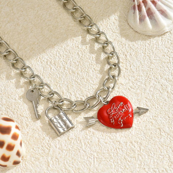 Wholesale Jewelry Punk Love Necklace Key Chain Thick Chain Peach Heart Pendant Clavicle Chain