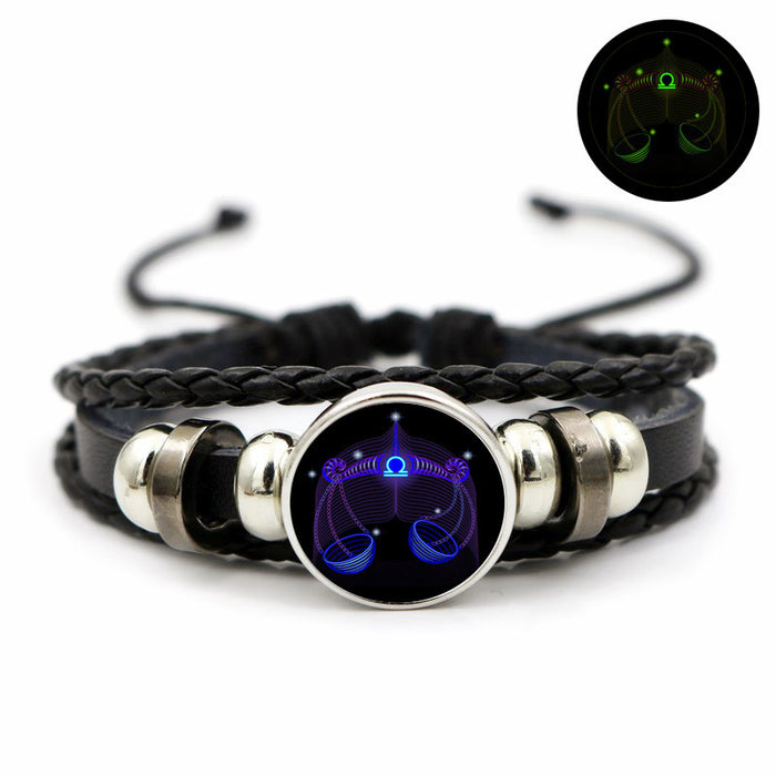 Wholesale Twelve Zodiac Luminous Retro Leather Bracelet Simple Glowing Wristband