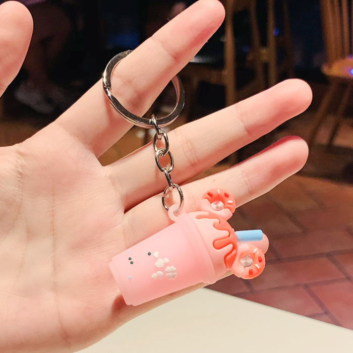 Wholesale Sweet Donut Milk Tea Small Gift PVC Soft Rubber Cute Milk Tea Cup Keychain Car Pendant Bag Hanging Decoration