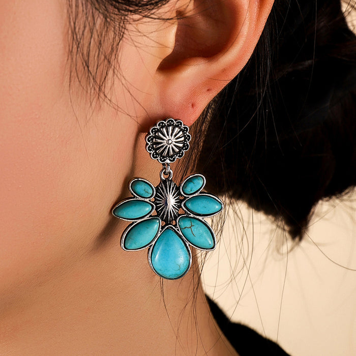 Wholesale New Vintage Flower Water Drop Turquoise Earrings Personalized Jewelry