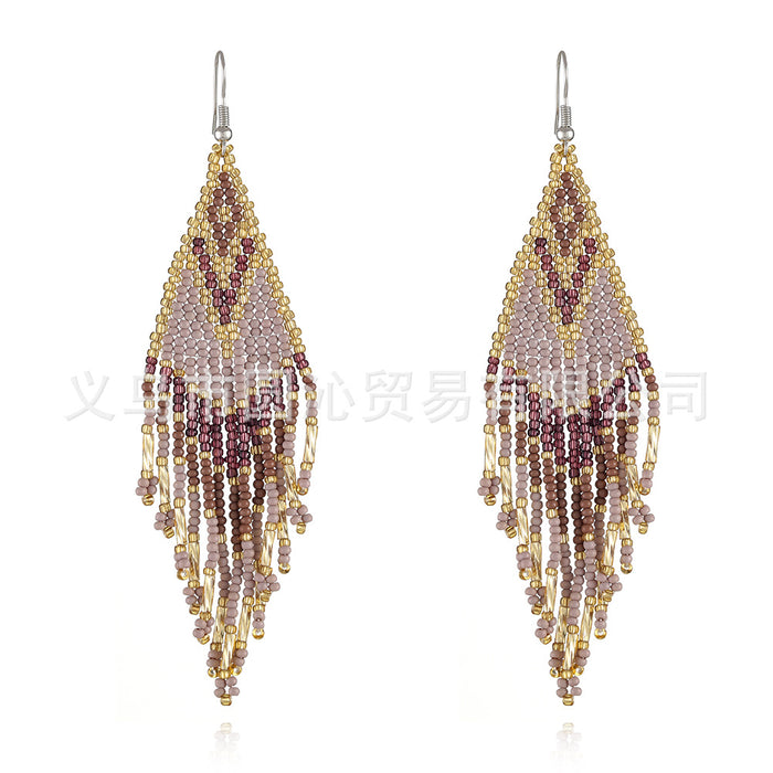 Wholesale color Bohemian rice bead earrings women' s minority ethnic hand-woven long tassel earrings