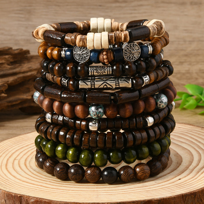 Wholesale Bohemian style nut shell wood beaded elastic thread multi-piece bracelet set
