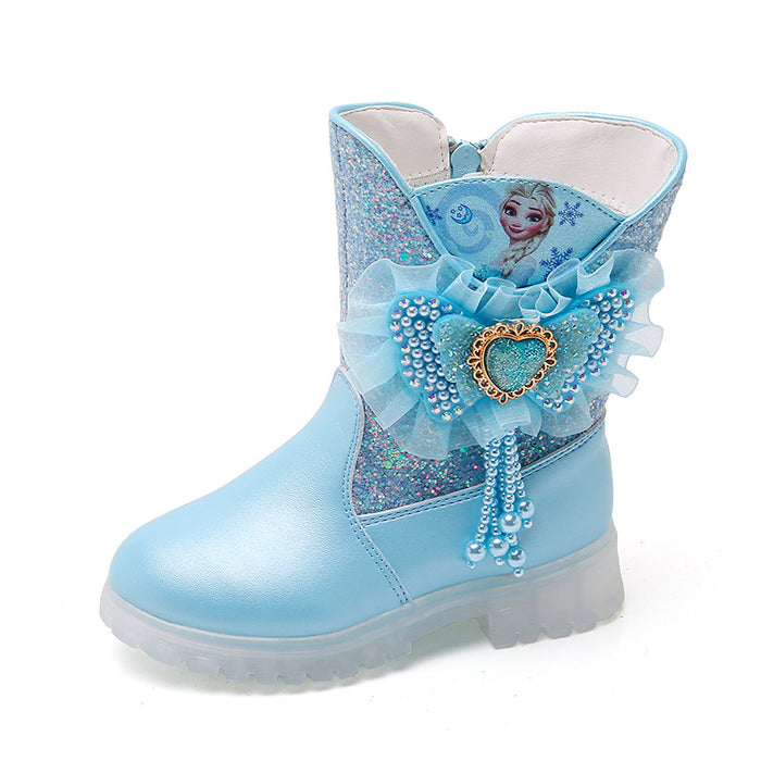 Wholesale Children's Leather Boots Barbie Pink Princess Girl Sequins Bow Bead Warm High Top Cotton Boots JDC-KS-SB009