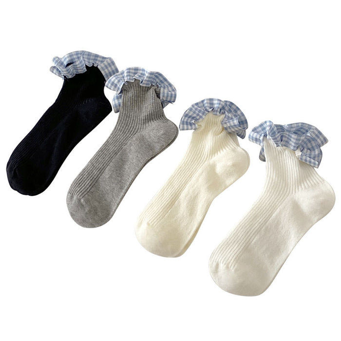 Wholesale Checkered lace mid tube socks, boneless and cute pile socks
